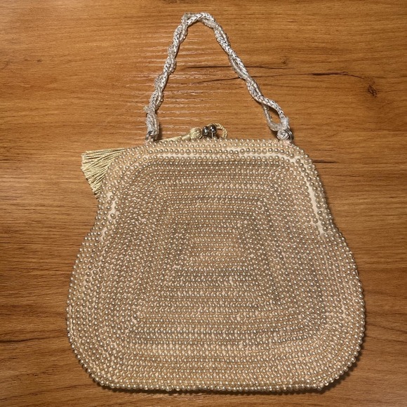 Vintage Cream Beaded Purse Off White Bridal Evening Handbag With Kisslock Clasp - Picture 5 of 7
